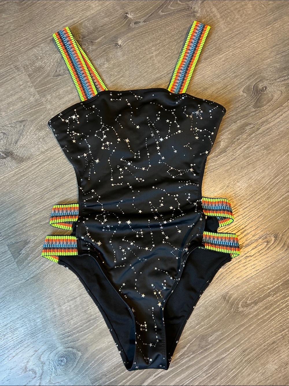 Celestial Black One-Piece Swimsuit with Rainbow Straps